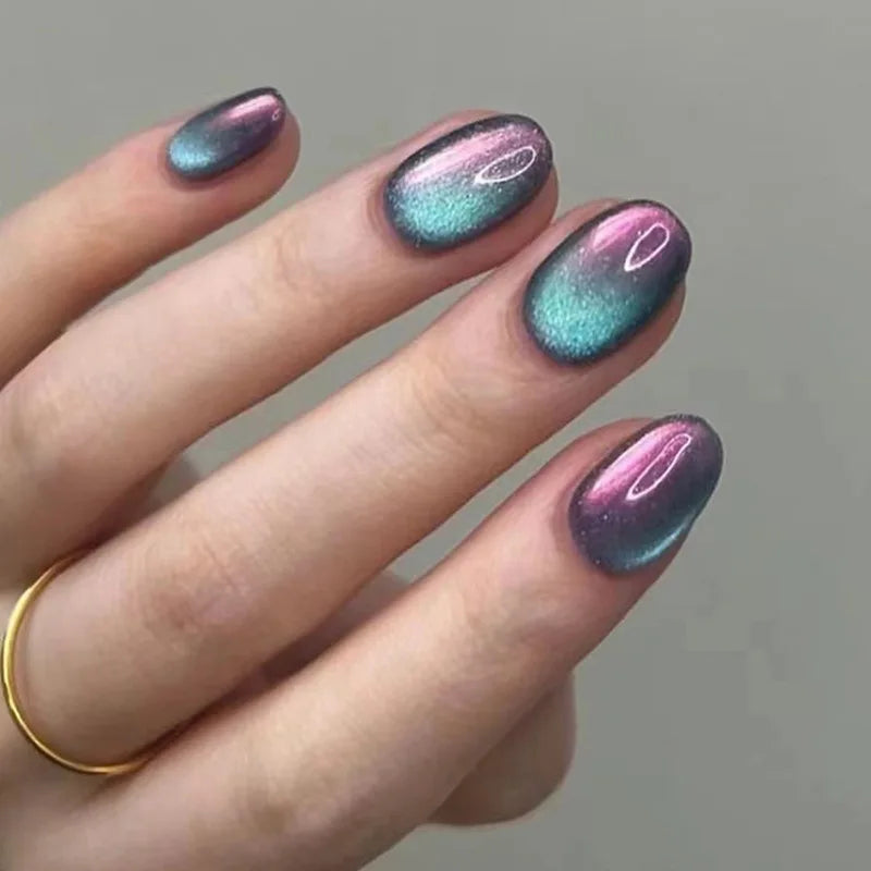 24pcs Glossy Red Cat's Eye Press On Nails Full Cover Nude Color Wearable Almond False Nails Charms Detachable Fake Nail For Girl
