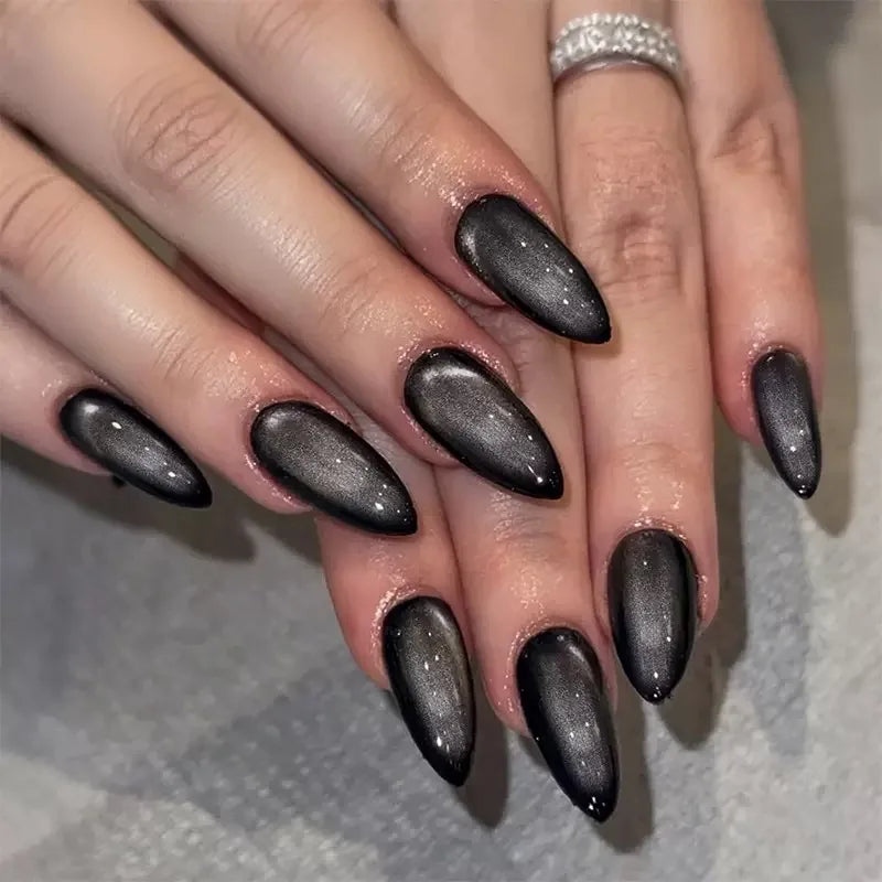 24pcs Glossy Red Cat's Eye Press On Nails Full Cover Nude Color Wearable Almond False Nails Charms Detachable Fake Nail For Girl