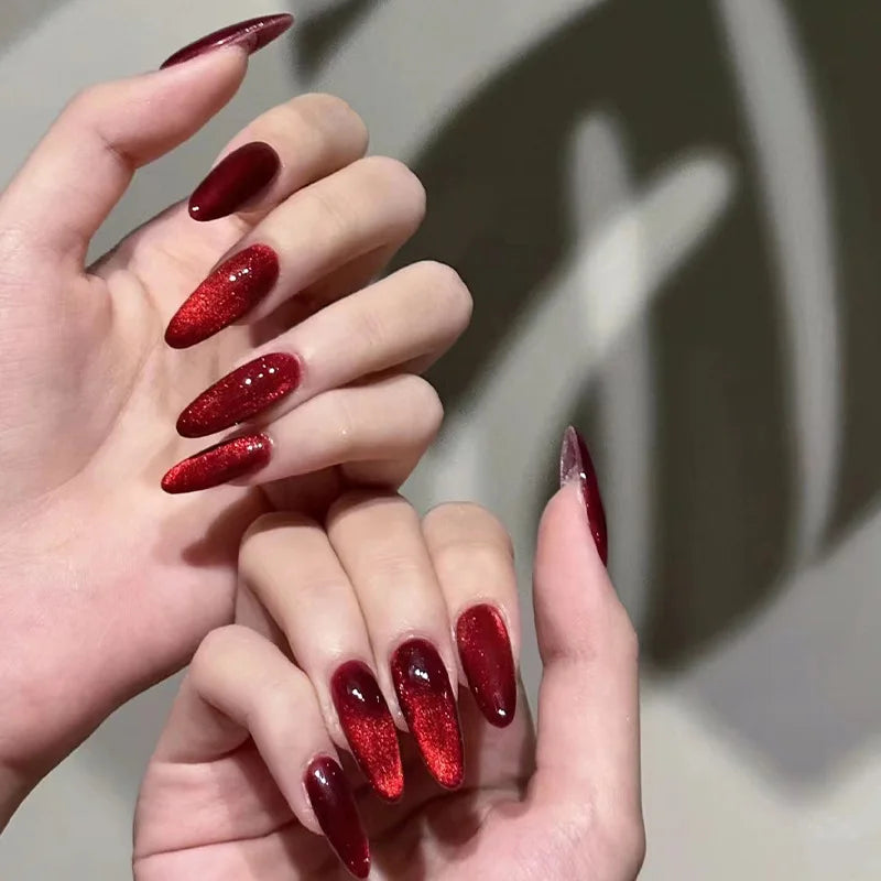 24pcs Glossy Red Cat's Eye Press On Nails Full Cover Nude Color Wearable Almond False Nails Charms Detachable Fake Nail For Girl