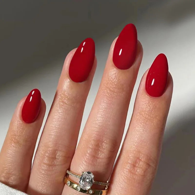 24pcs Glossy Red Cat's Eye Press On Nails Full Cover Nude Color Wearable Almond False Nails Charms Detachable Fake Nail For Girl
