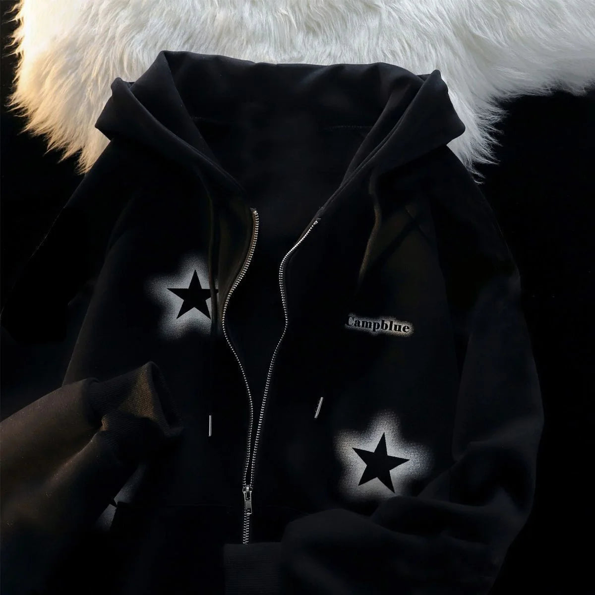 New Retro Graffiti Star Print Hooded Zipper Coat Collection Spring And Autumn Casual Fashion Trends Versatile Lazy Wind