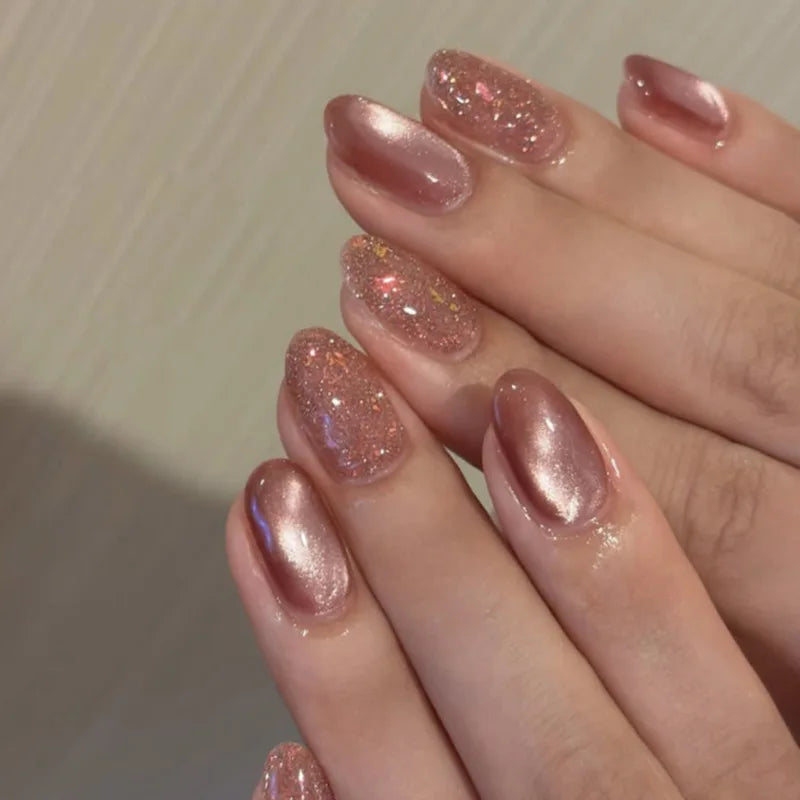 24pcs Glossy Red Cat's Eye Press On Nails Full Cover Nude Color Wearable Almond False Nails Charms Detachable Fake Nail For Girl