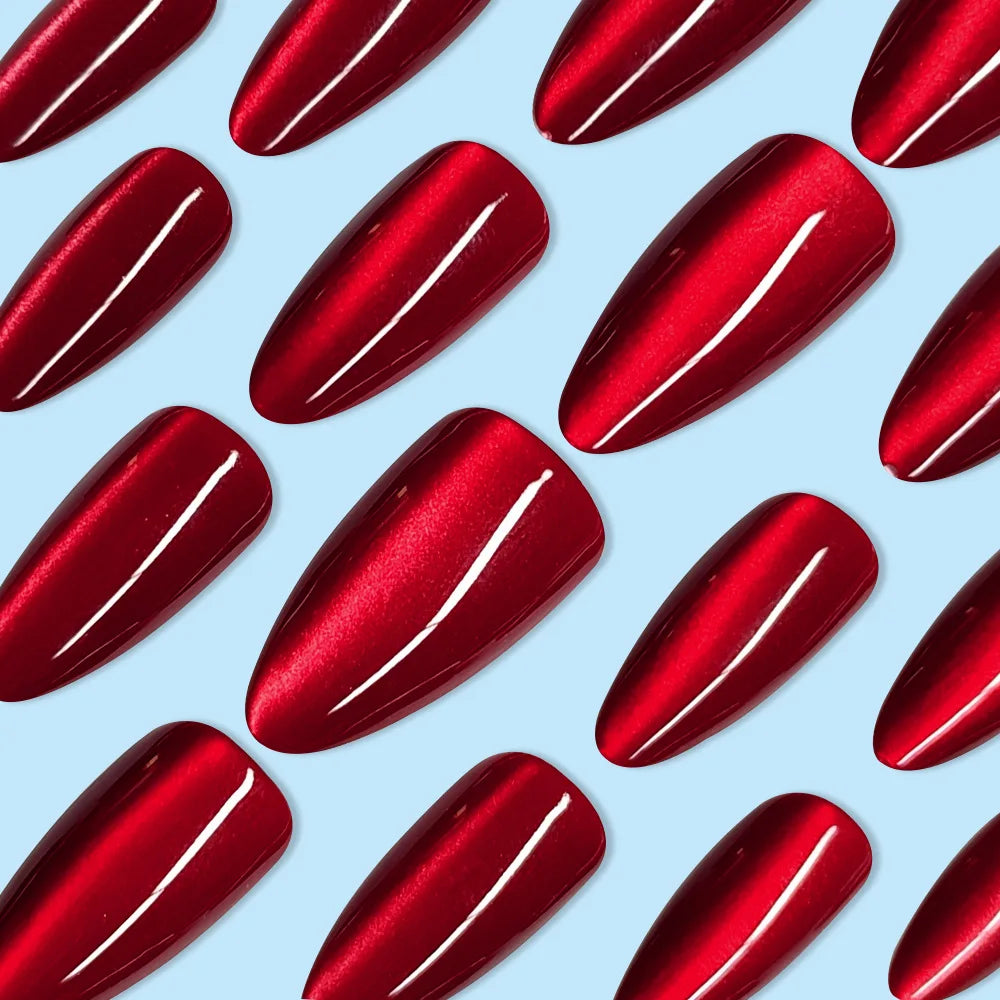 24pcs Glossy Red Cat's Eye Press On Nails Full Cover Nude Color Wearable Almond False Nails Charms Detachable Fake Nail For Girl