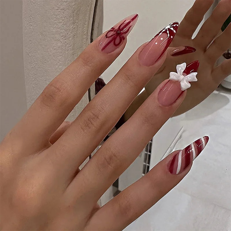 24pcs Sweet Cat Eye French Press on Nails Diamond-Pointed Three Dimensional Bow Knot Wearable Nail For Women&Girl Almond Nail