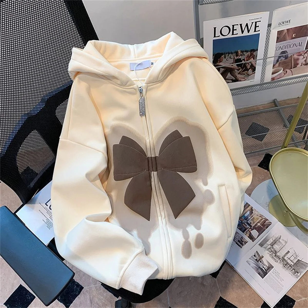 2025 Girl Zipper Bow Print Hooded Spring and Autumn Thin Collection Fashion Trends Versatile Casual Loose Trend Long Sleeves