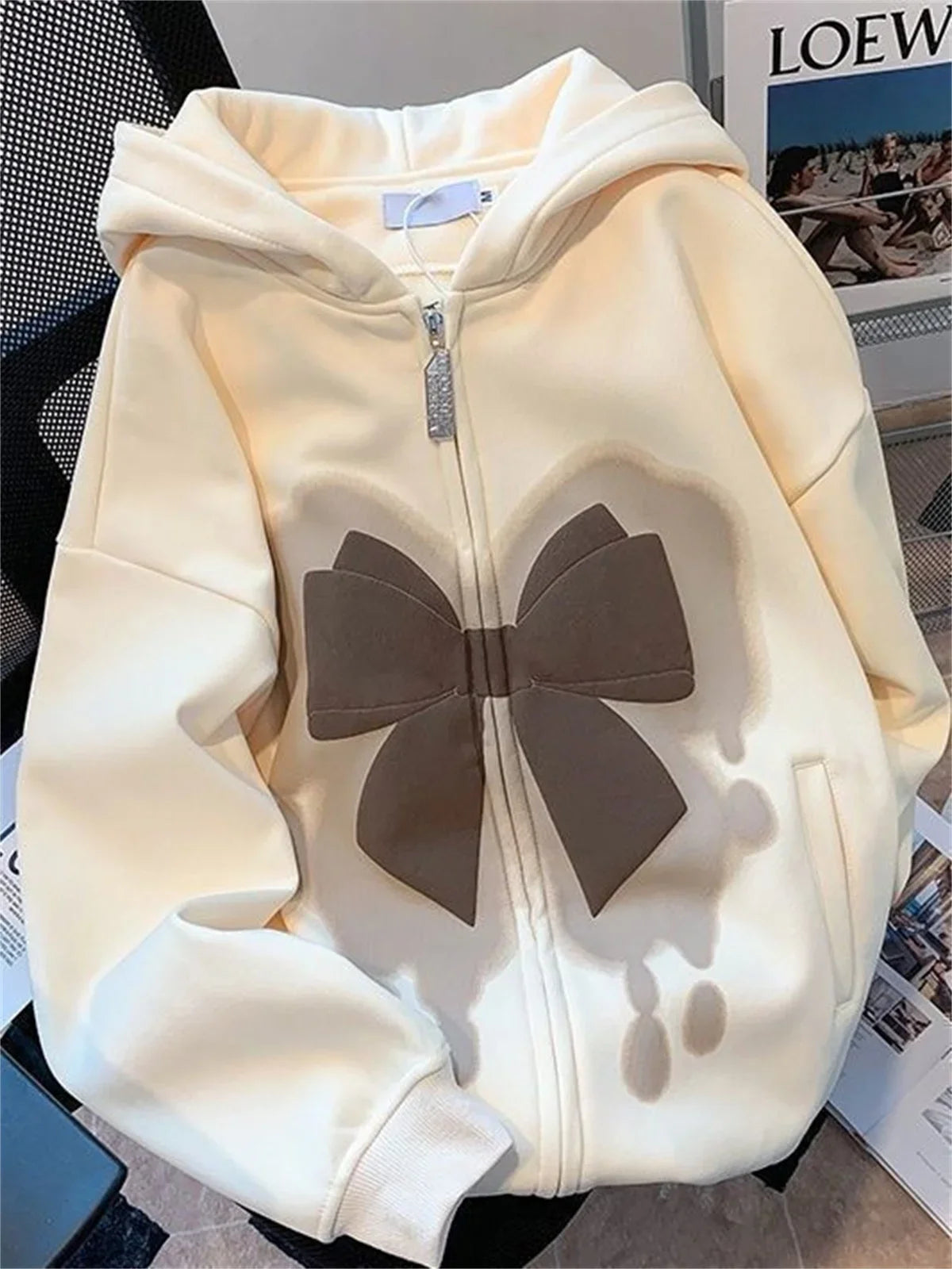 2025 Girl Zipper Bow Print Hooded Spring and Autumn Thin Collection Fashion Trends Versatile Casual Loose Trend Long Sleeves