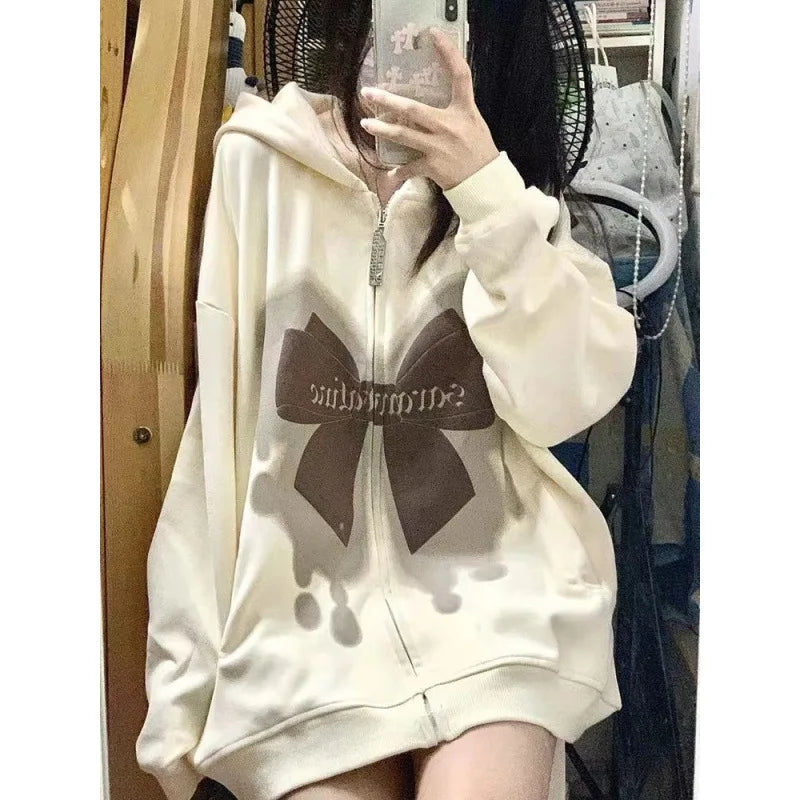 2025 Girl Zipper Bow Print Hooded Spring and Autumn Thin Collection Fashion Trends Versatile Casual Loose Trend Long Sleeves