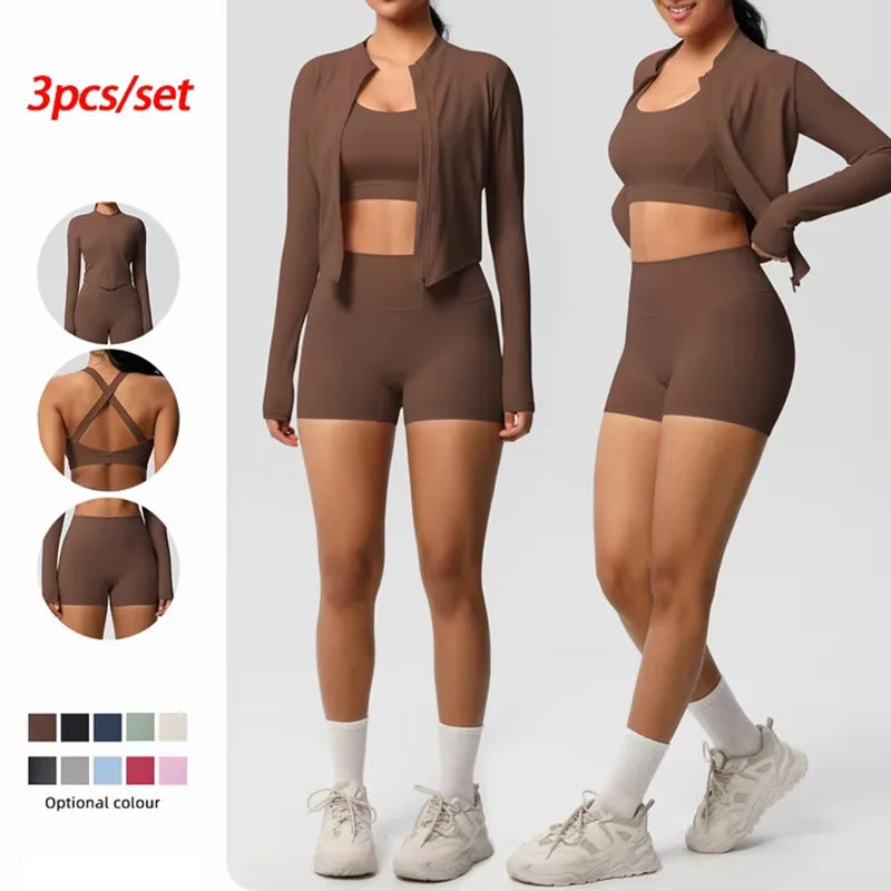 3PCS Yoga Set Nude Feeling Workout Sets Women Tracksuit Gym Push Up Fitness Running Workout Sportwear Sport Bra Leggings Suit