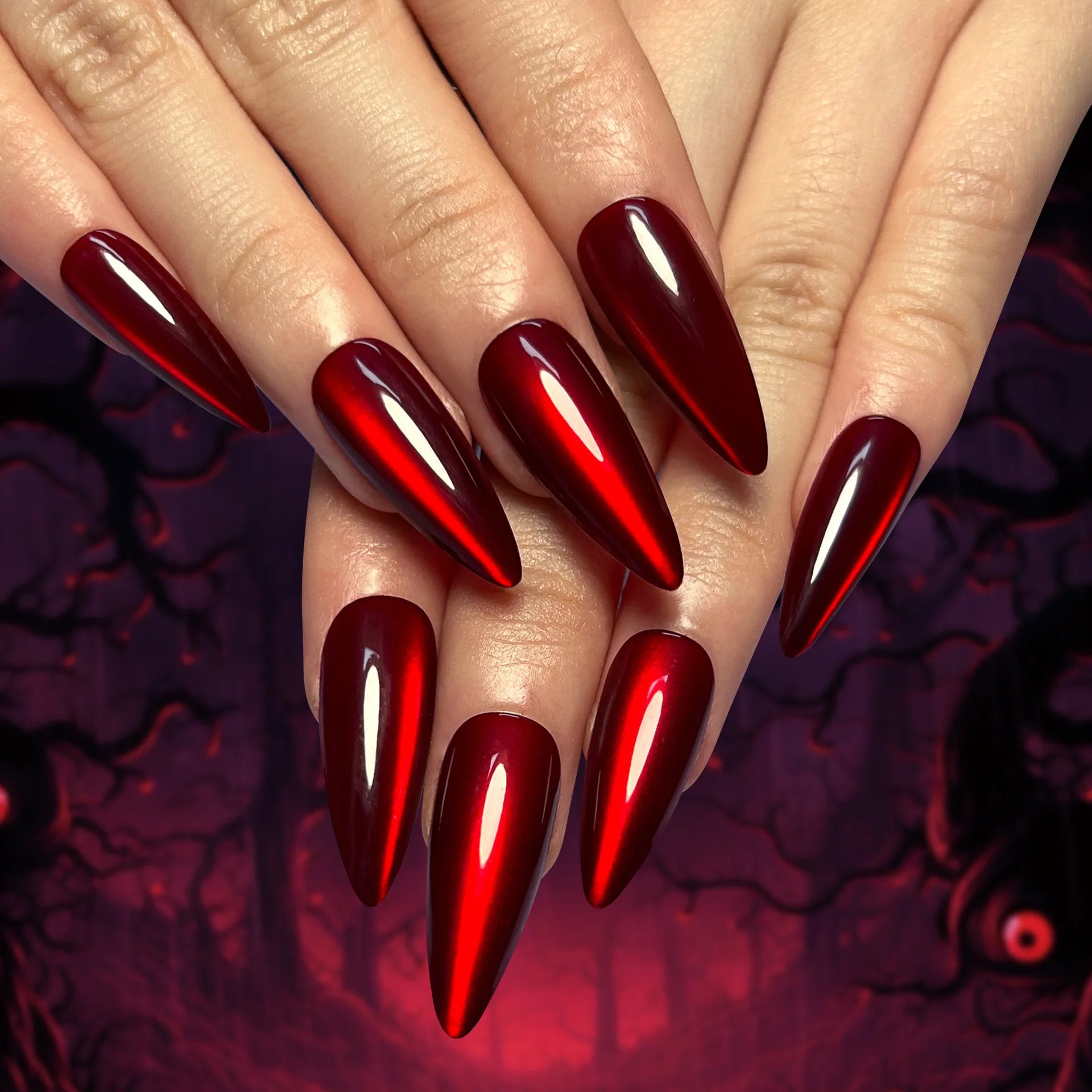 24pcs Glossy Red Cat's Eye Press On Nails Full Cover Nude Color Wearable Almond False Nails Charms Detachable Fake Nail For Girl