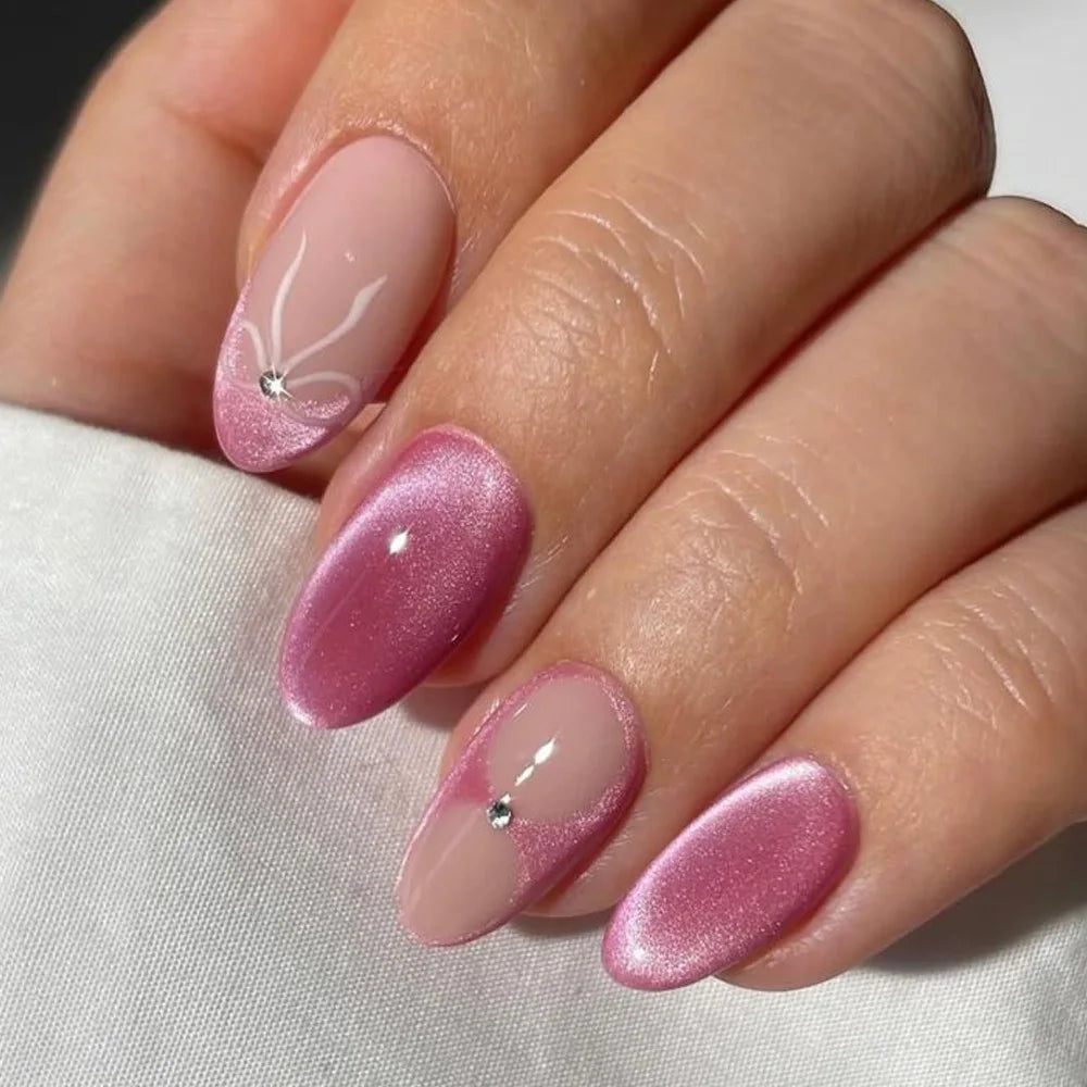24pcs Glossy Red Cat's Eye Press On Nails Full Cover Nude Color Wearable Almond False Nails Charms Detachable Fake Nail For Girl