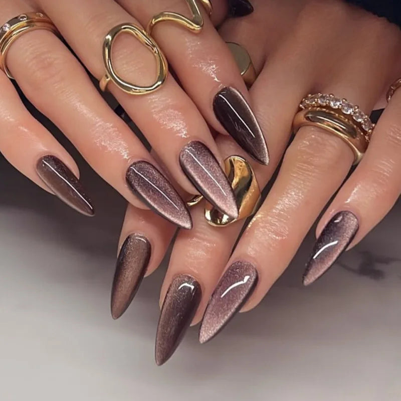 24pcs Glossy Red Cat's Eye Press On Nails Full Cover Nude Color Wearable Almond False Nails Charms Detachable Fake Nail For Girl
