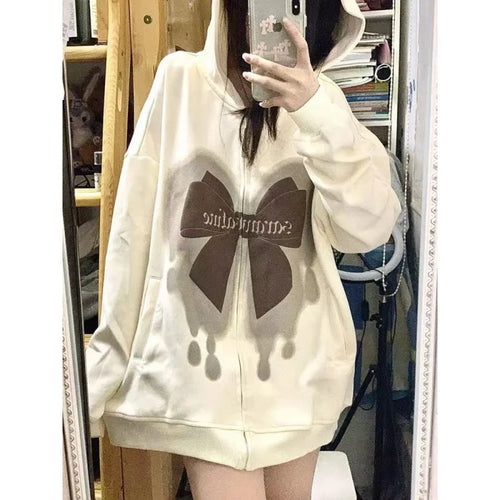 2025 Girl Zipper Bow Print Hooded Spring and Autumn Thin Collection Fashion Trends Versatile Casual Loose Trend Long Sleeves