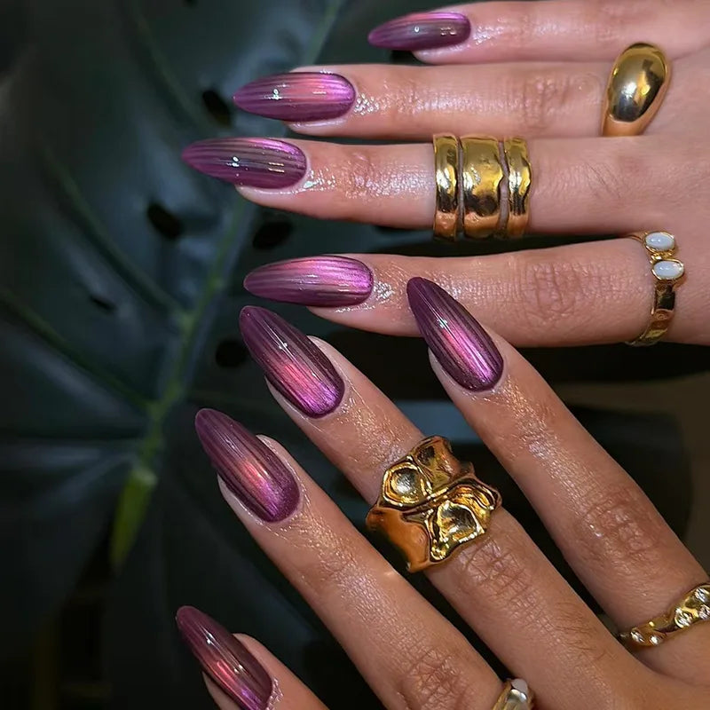 24pcs Glossy Red Cat's Eye Press On Nails Full Cover Nude Color Wearable Almond False Nails Charms Detachable Fake Nail For Girl